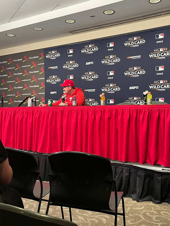 Rob Thomson speaks with the media ahead of Game 1.